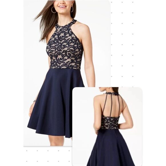 B Darlin Formal Dress size 9/10 Halter Open Back Navy Shimmer Lace Cocktail - Picture 1 of 16
